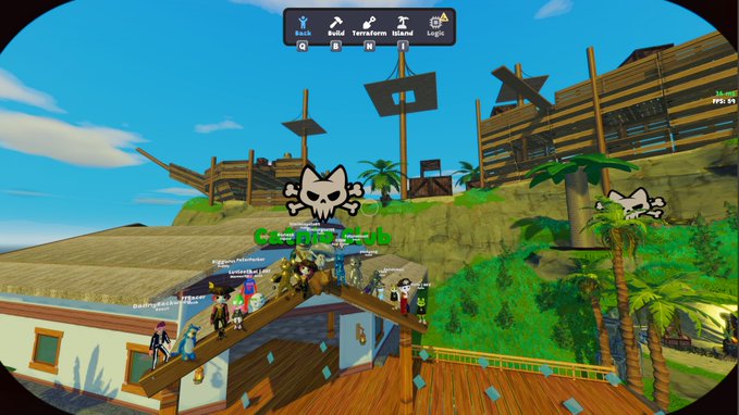 A screenshot from a video game showing various avatars gathered on a pirate island structure, with UI elements like 'Build', 'Terraform Island', and 'Logic' visible at the top.