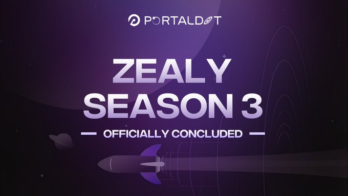 A purple promotional graphic with the PortalDot logo announcing 'ZEALY SEASON 3 OFFICIALLY CONCLUDED,' featuring a rocket illustration.
