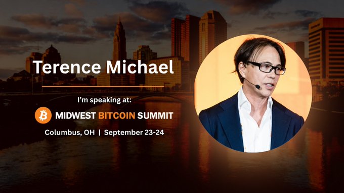 Terence Michael is set to speak at the Midwest Bitcoin Summit in Columbus, OH on September 23-24, as shown in a promotional banner featuring his photo against a city skyline backdrop—matching the post's playful mention of his upcoming conference appearance.