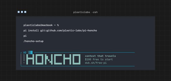 A computer terminal screenshot showing command line installation instructions for 'pi-honcho' along with an ASCII art logo for 'HONCHO' and text reading 'context that travels $100 free to start dub.sh/free-pi'.