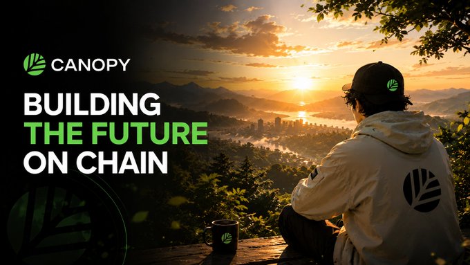A promotional banner for 'CANOPY' with the text 'BUILDING THE FUTURE ON CHAIN', showing a person in a white hoodie and black cap sitting at a viewpoint overlooking a city at sunset.