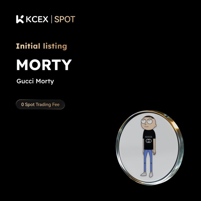 A promotional graphic for KCEX Spot exchange announcing the initial listing of 'MORTY' (Gucci Morty) token with 0 Spot Trading Fee.