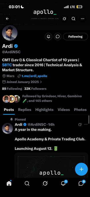 A Twitter/X profile page for 'Ardi' (@ArdiNSC) describing himself as a 'CMT (Lev 1) & Classical Chartist' and 'SBTC trader since 2016', with a pinned post about 'Apollo Academy & Private Trading Club' launching August 12.