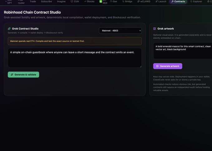 A screenshot of the 'Robinhood Chain Contract Studio' interface showing a Grok-assisted Solidity contract studio for generating and validating a simple guestbook on the Mainnet.