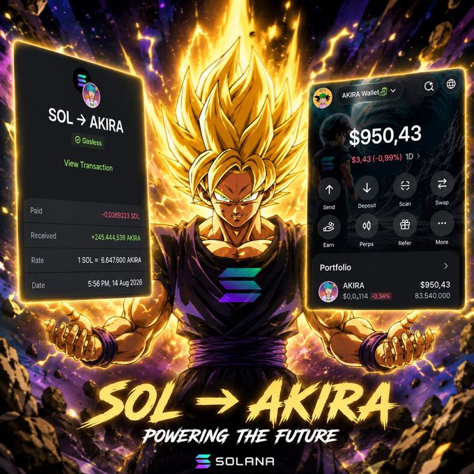 Promotional graphic for a Solana wallet token swap showing SOL → AKIRA, featuring an anime-style Super Saiyan character with text 'SOL → AKIRA POWERING THE FUTURE' and the Solana logo.