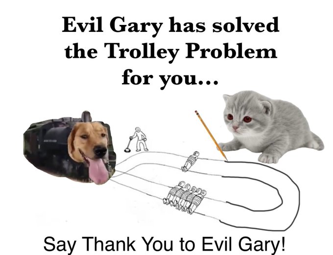 A humorous meme depicting the classic Trolley Problem, with a dog's head on a trolley and a white kitten holding a pencil as the "Evil Gary," featuring the text "Evil Gary has solved the Trolley Problem for you... Say Thank You to Evil Gary!"