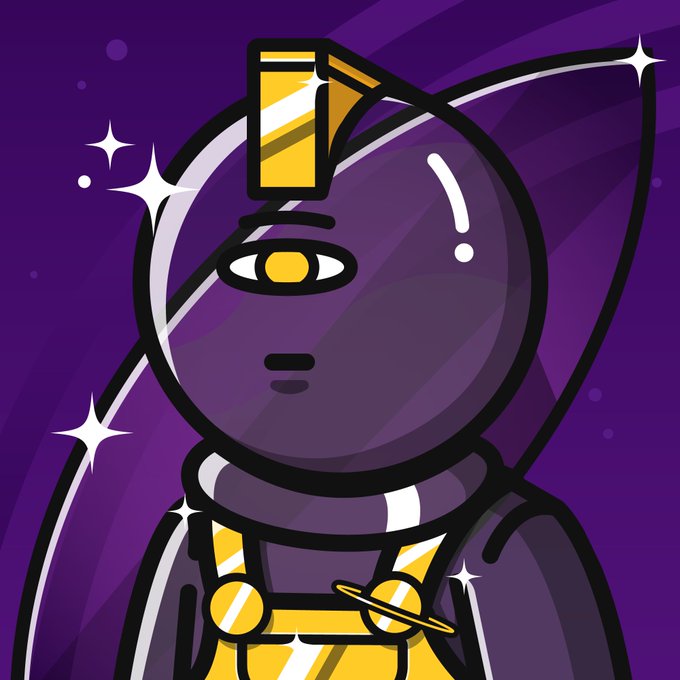 The image features a cartoon illustration of an alien-like figure with purple skin, wearing a gold helmet and yellow overalls. The figure appears to be staring at something off-camera or gazing into space. Below the figure, there's a text that reads "This Space Rider X just sold for 0.23 WETH ( collectors are collecting. You love to see it.)". The post highlights that the Space Rider has been recently purchased by an eager collector and encourages viewers to appreciate the artwork as well as its association with the Space Rider collection.