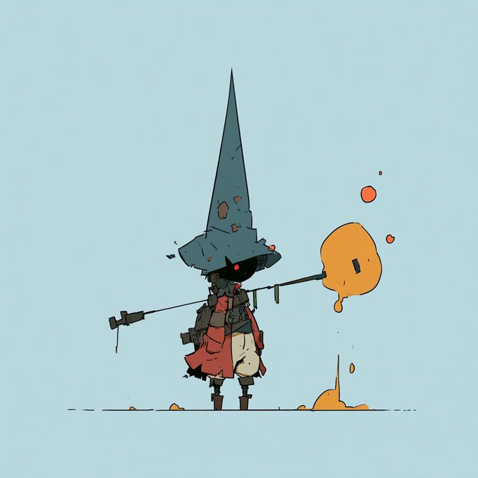 A whimsical illustration of a small character wearing a very tall, pointed blue hat and red coat, carrying a staff that holds a dripping orange blob.