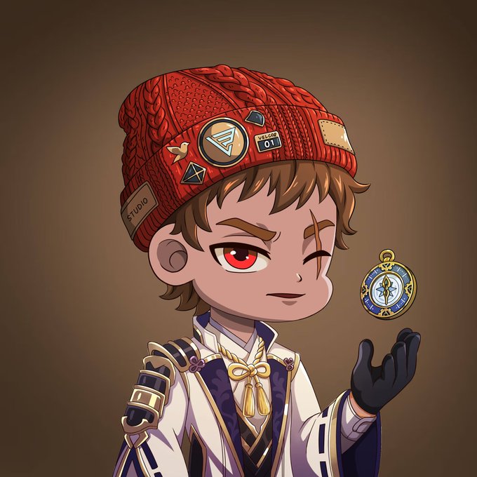 A chibi-style character wearing a red beanie adorned with "V3LCOR3 01" and "STUDIO" patches winks while holding a glowing compass, with the text "V3LCOR3 01" visible on their hat, representing their new membership in the @V3LCOR3 community.