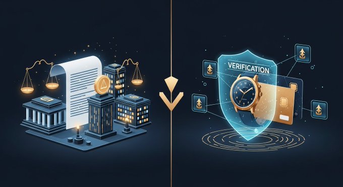 The image contrasts traditional regulatory frameworks (depicted on the left with a document, scales of justice, and institutional buildings) with digital verification systems (shown on the right featuring a shield labeled "VERIFICATION," a clock, credit card, and networked icons).

It visually illustrates the post's point that while regulatory clarity is advancing (symbolized by the legal scales), regulation alone cannot address practical challenges like verifying the authenticity of tokenized luxury assets such as a Rolex watch—highlighting the need for dedicated verification systems to authenticate tokenized real-world items.
