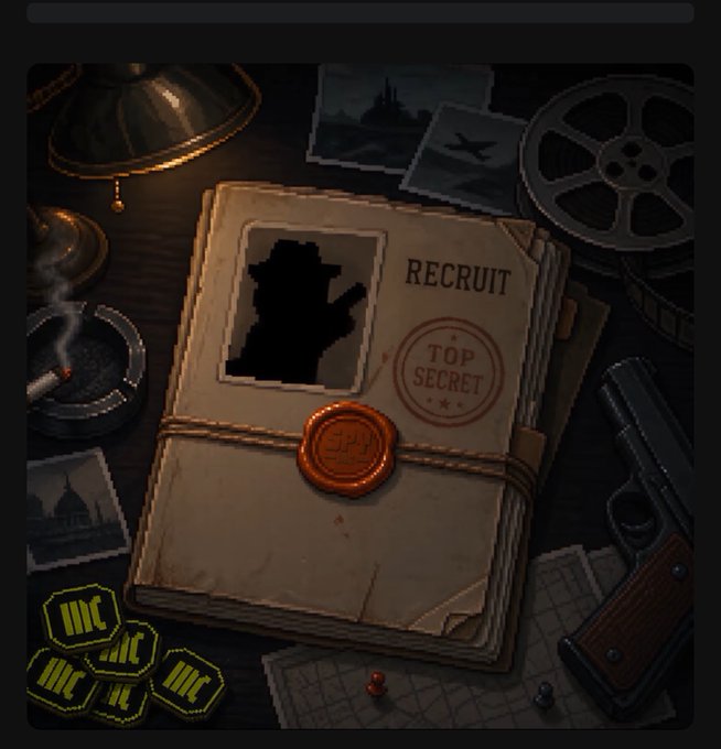 An illustration of a dossier marked 'RECRUIT' and 'TOP SECRET' with a silhouette photo, surrounded by a gun, film reel, ashtray, and gold bars.