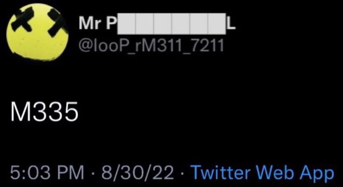 A Twitter post by user @looP_rM311_7211 (displayed as "Mr P_____L" with a yellow X-eyed smiley face avatar) reads "M335" posted at 5:03 PM on 8/30/22 via Twitter Web App, which the accompanying commentary interprets as a coded numerology message linking the digits to 9/11 predictions for XRP.