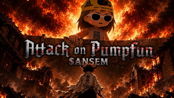 A fiery promotional graphic features a cartoon character wearing a "DON'T TREAD ON ME" hat and a "STOP BEING POOR" shirt standing behind a crumbling wall, with a scarred, demon-like figure below. The bold text reads "Attack on Pumpfun" with "$ANSEM" beneath it, visually aligning with the post's announcement of a meme-driven attack on the Pump.fun platform tied to the $ANSEM token.