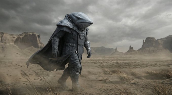 A lone, armored figure with a distinctive hooded helmet walks across a windswept desert plain under stormy skies, evoking a solitary quest through a vast and untamed landscape. The imagery mirrors the post's nostalgic reflection on early crypto days—a frontier-like environment where discovery felt adventurous and the spirit was more exploratory than competitive, emphasizing the journey and the connections forged along the way.