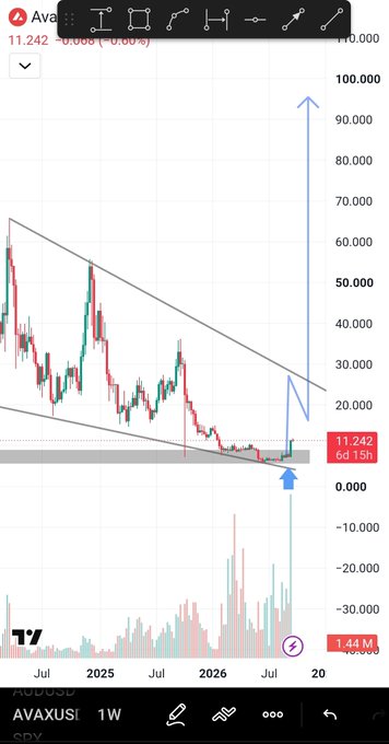 A TradingView chart showing the AVAXUSDT weekly price at 11.242 with a descending triangle pattern, a horizontal resistance around 17, and a projected breakout arrow pointing toward 100, accompanied by volume bars.