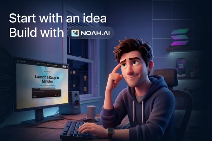 The image features a cartoon man sitting at a desk using a computer while wearing glasses. The background shows a dark room with a window. There are two computer monitors, one placed above the other, both displaying the same website. A keyboard and mouse can be seen on the desk as well. The post is titled "Start with an idea Build with Noahai" and includes text about launching a dApp using the Noahai platform.