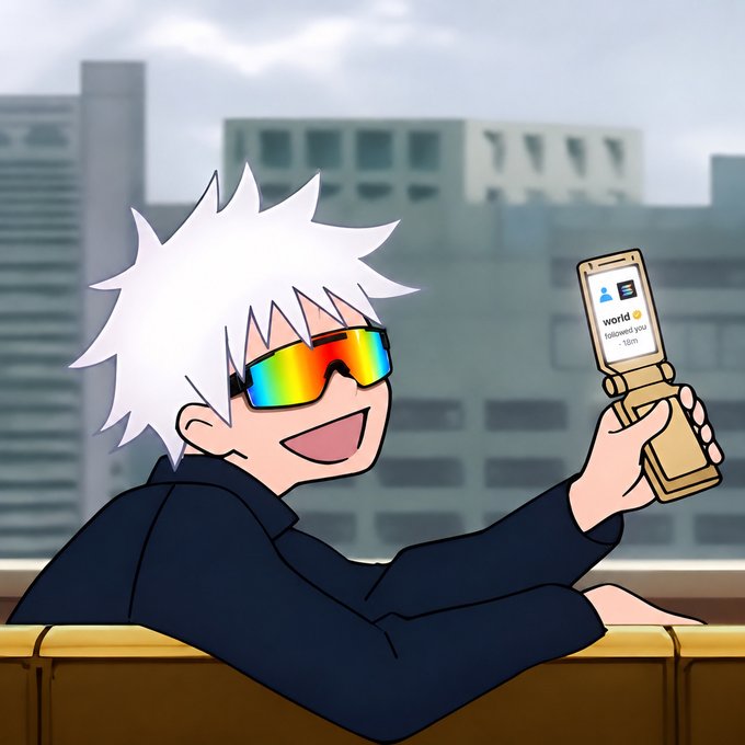An anime character resembling Gojo Satoru with white spiky hair and rainbow sunglasses takes a selfie with a flip phone showing a social media notification.