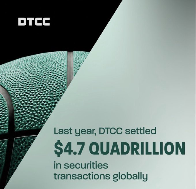 A graphic for DTCC displays a textured green surface with the text 'Last year, DTCC settled $4.7 QUADRILLION in securities transactions globally'.
