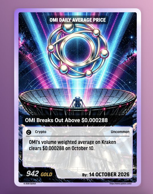 A crypto trading card titled 'OMI DAILY AVERAGE PRICE' showing 'OMI Breaks Out Above $0.000288,' noting OMI's volume weighted average on Kraken cleared $0.000288 on October 10, with a '942 GOLD' rating dated 14 October 2026.