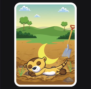 A cartoon illustration of a sleepy brown and tan animal curled up on the ground next to a shovel under a crescent moon, with green hills and trees in the background.