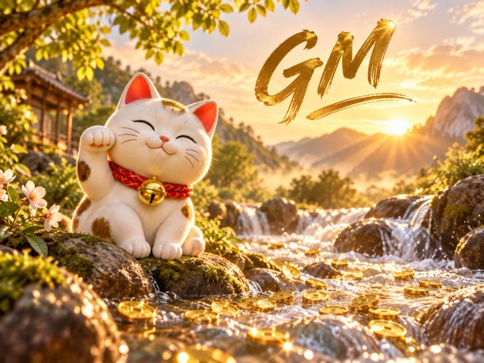 A cartoon lucky cat (maneki-neko) sits on a rock in a stream filled with gold coins, with the text 'GM' written in gold brushstrokes against a sunset landscape.