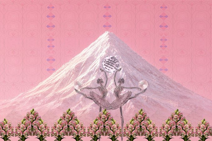 A surreal pink collage features a snow-capped mountain, an ornate decorative crest, and a border of repeating skull-and-flower motifs.