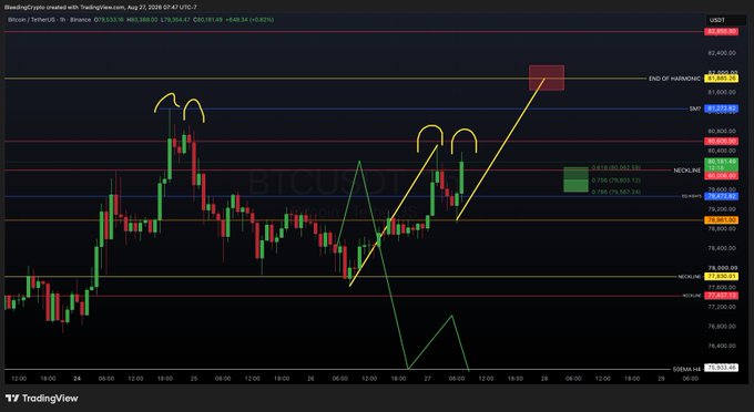 A TradingView candlestick chart of Bitcoin/US Dollar (BTCUSD) on Binance showing price action with technical analysis annotations including yellow parabolas, 'END OF HARAMBE' label, and Fibonacci retracement levels.
