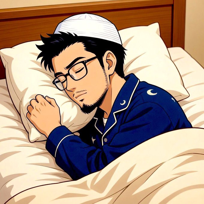 Anime-style illustration of a bearded man with glasses wearing a white kufi cap and dark blue pajamas with moon patterns, sleeping in bed.