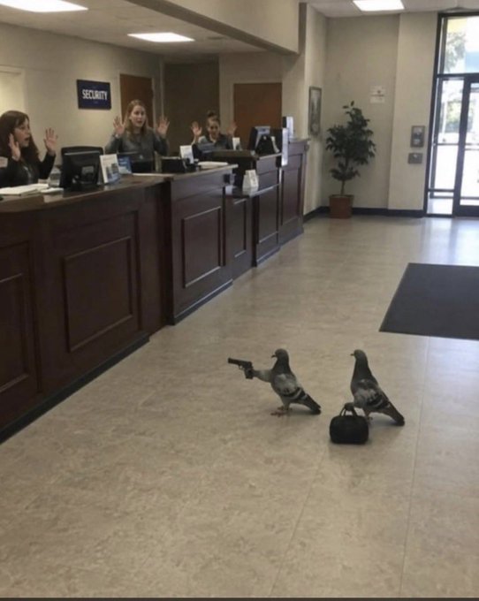 A humorous scene in a building lobby where two pigeons on the floor are photoshopped to appear as armed robbers, causing the security guards behind the counter to throw their hands up in surprise.