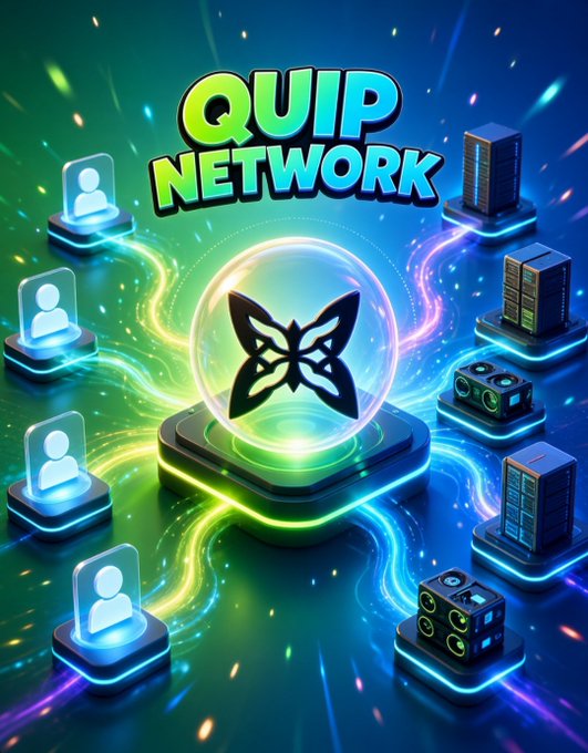 A colorful 3D graphic displaying the 'QUIP NETWORK' title above a glowing central crystal with a butterfly emblem, surrounded by server towers and user profile icons connected by neon energy flows.
