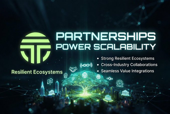 A glowing green digital tree with a city skyline and network nodes sits beneath the headline "PARTNERSHIPS POWER SCALABILITY," alongside the "Resilient Ecosystems" logo and bullet points reading "Strong Resilient Ecosystems," "Cross-Industry Collaborations," and "Seamless Value Integrations." The futuristic tech imagery visually reinforces the post's message about CNPY Network's focus on sustainable, scalable growth through strategic partnerships rather than hype-driven expansion.