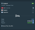 A Stake.com sports betting interface shows a live football match labeled "England" with betting options including "Full Time - 3-Way Handicap" and "Total - Exact Score," alongside a wager of $2,700 displayed at the bottom—reflecting the massive activity and payouts tied to a key scoring moment during the game.
