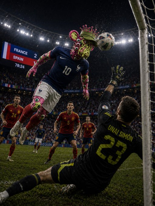 A dramatic, surreal action scene of a soccer match where a frog-like creature in a France #10 jersey heads a ball past Spain's goalkeeper Unai Simón (#23), with the scoreboard showing France 2 - Spain 1 at 78:24 during UEFA Euro 2024.