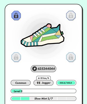 A STEPN app screen displaying a Level 5 "Common" Jogger sneaker with Shoe Mint 2/7, stats of 4-10 km/h, efficiency 100.0/100.0, and ID 625244044, unlocked via four padlock icons in the corners—paired with a Nujabes reference, suggesting the shoe design or colorway evokes the iconic Japanese producer's aesthetic.