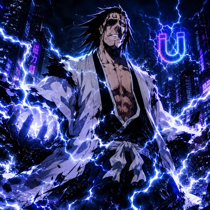 Anime-style artwork of a dark-haired male character surrounded by blue lightning effects, wearing a tattered white robe, with a glowing "U" shaped symbol in the background against a city skyline.