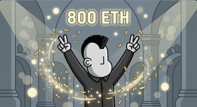 A cartoon figure in a dark suit raises both hands in victory signs amid confetti and spotlights beneath a glowing "800 ETH" banner. The celebratory image visually emphasizes the post's milestone of reaching 800 ETH in trading volume, framed as a triumphant achievement worth honoring.