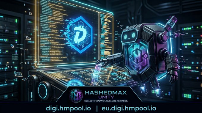 A promotional graphic for HashedMax Unity featuring a futuristic robot at a computer terminal displaying the Digibyte logo, with URLs digi.hmpool.io and eu.digi.hmpool.io.