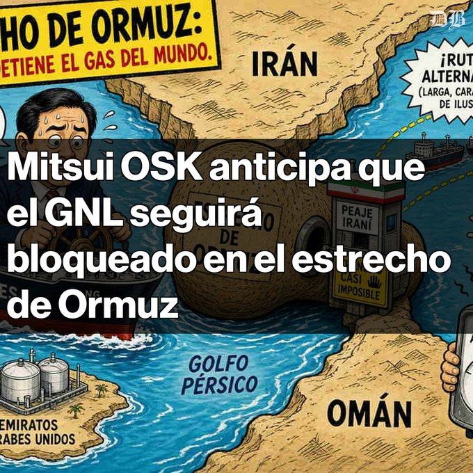 A Spanish-language cartoon illustration shows the Strait of Hormuz with a worried captain navigating between Iran and Oman, with text reading 'ESTRECHO DE ORMUZ: DETIENE EL GAS DEL MUNDO' and an overlay headline stating 'Mitsui OSK anticipa que el GNL seguirá bloqueado en el estrecho de Ormuz.'
