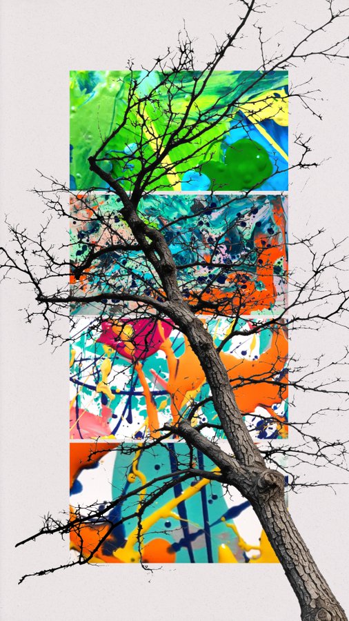 An artistic collage combining a vertical colorful abstract painting (with green, orange, blue, and yellow hues) overlaid with a photograph of bare, leafless tree branches against a white background.