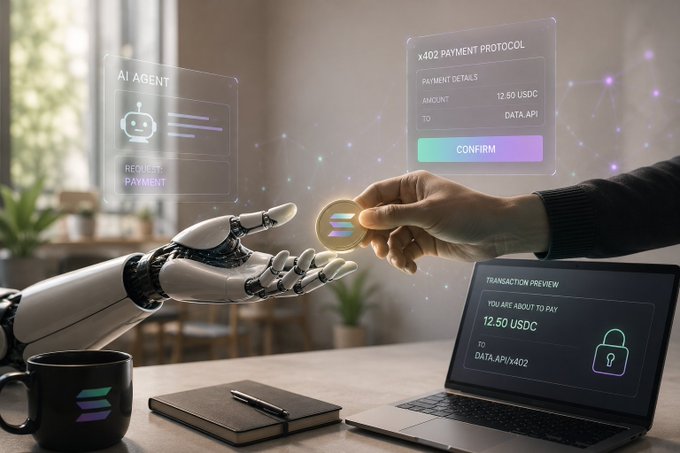 A futuristic scene depicting a robotic hand and human hand exchanging a coin, with holographic overlays showing an 'AI AGENT REQUEST PAYMENT' interface and an 'x402 PAYMENT PROTOCOL' confirming a 12.50 USDC transaction, alongside a laptop showing a 'TRANSACTION PREVIEW' with a lock icon.