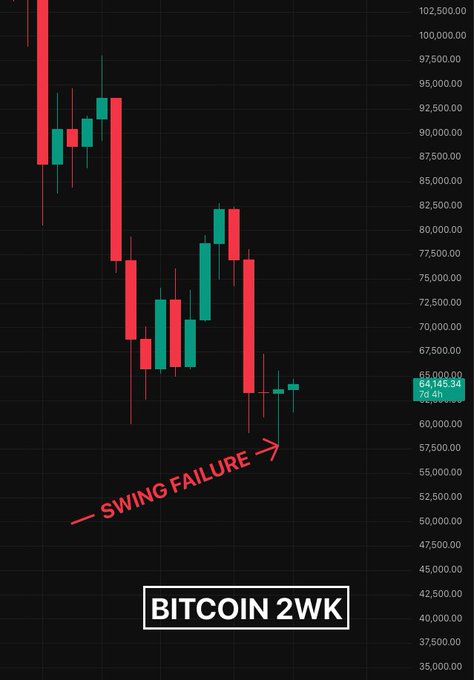 The image shows a Bitcoin (BTC) 2-week candlestick chart displaying a downtrend from approximately $102,500 to around $64,134, with an annotation pointing to a swing failure pattern where price failed to hold above recent lows. A small inside bar is visible at the current level near $64,146, illustrating the post's note about an "inside bar swing failure pattern" potentially being in play on the higher timeframe.