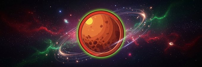 A digital illustration of an orange planet resembling Mars with rings, set against a colorful space background with stars and nebulae.
