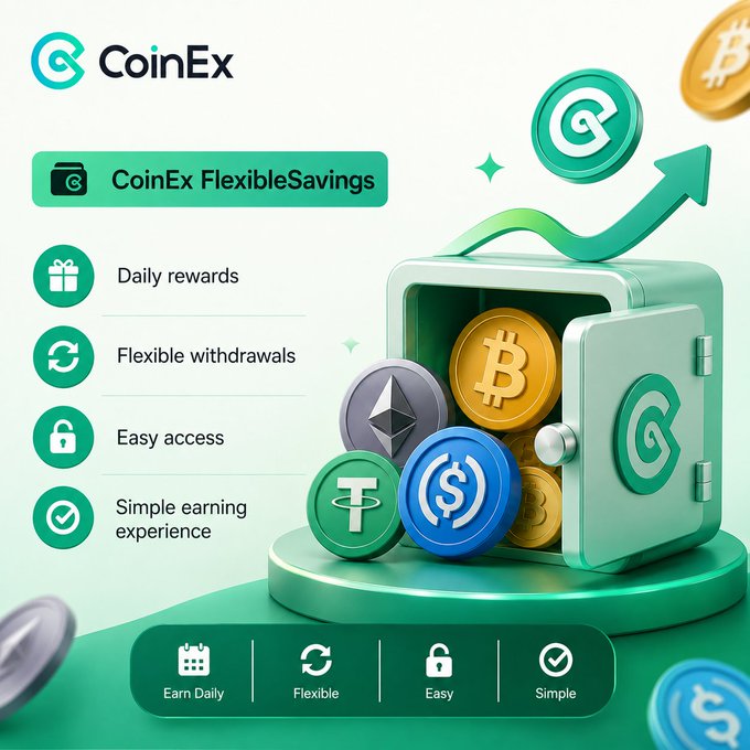 A promotional graphic for 'CoinEx FlexibleSavings' featuring a green safe with cryptocurrencies, listing features like 'Daily rewards', 'Flexible withdrawals', 'Easy access', and 'Simple earning experience'.
