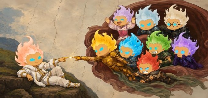 An artistic painting recreates Michelangelo's 'Creation of Adam' using chibi demon characters with colorful flame-like hair instead of traditional human figures.