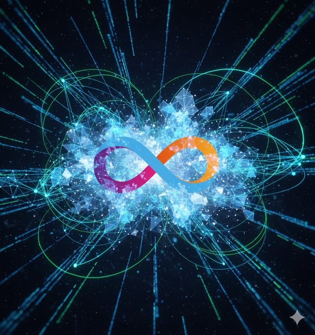 A vibrant digital artwork featuring a colorful infinity symbol (purple, pink, blue, and orange) surrounded by glowing blue crystalline particles and heart-shaped energy patterns against a dark space background.