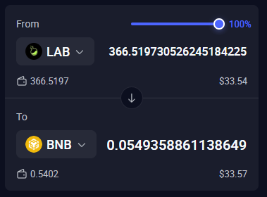 A cryptocurrency swap interface showing conversion from 366.5197 LAB tokens to 0.0549 BNB, with a 100% slider and USD values of approximately $33.54 and $33.57.