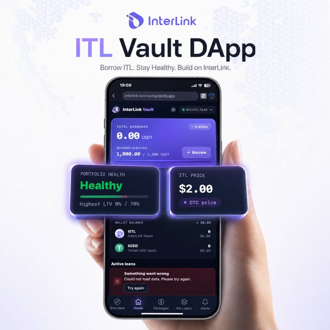 A promotional graphic for the InterLink ITL Vault DApp shows a smartphone displaying the borrowing interface with key metrics: 0.00 USDT total borrowed, a "Healthy" portfolio health indicator with highest LTV at 0%/70%, and an ITL price of $2.00 (OTC price). The image directly illustrates the post's point by highlighting the two on-screen features—LTV status and ITL price—that allow users to monitor their collateral health and manage risk in real time.