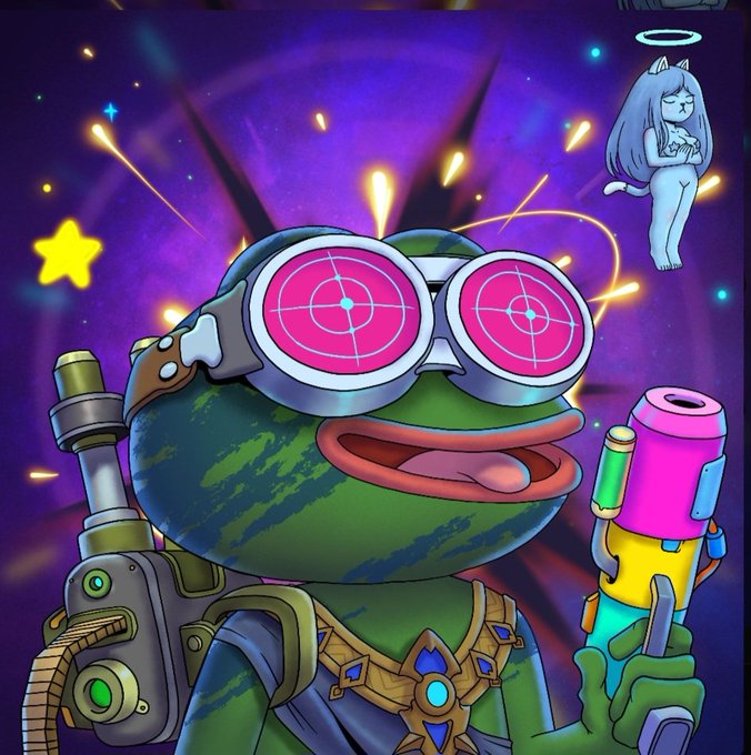 A vibrant digital illustration of a green frog wearing pink target-lens goggles and holding colorful futuristic weapons, with a small winged cat-like character floating nearby against a cosmic purple background.