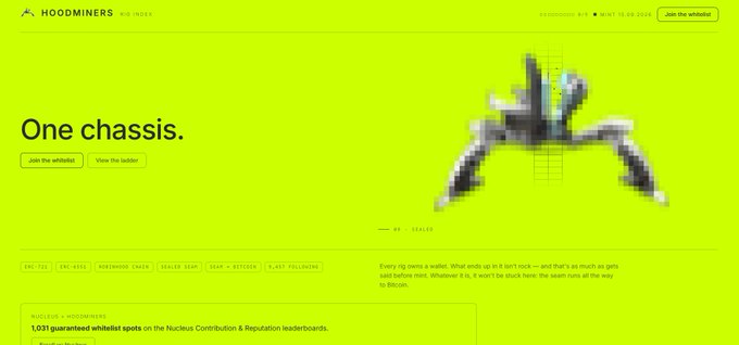 The image shows the HoodMiners NFT project website with a bright green background, featuring the bold headline "One chassis," an "I'm IN" indicator, and a pixelated robot graphic alongside a "1,037 guaranteed whitelist spots" announcement, promoting a free mint on Robinhood Chain for the upcoming NFT collection.