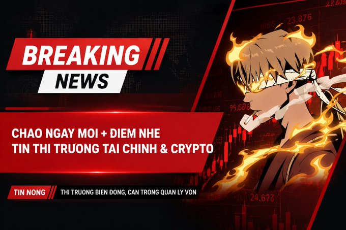 A red-themed graphic displays 'BREAKING NEWS' in English and Vietnamese text ('CHAO NGAY MOI + DIEM NHE TIN THI TRUONG TAI CHINH & CRYPTO', 'TIN NONG // THI TRUONG BIEN DONG, CAN TRONG QUAN LY VON') alongside an anime character with flames.